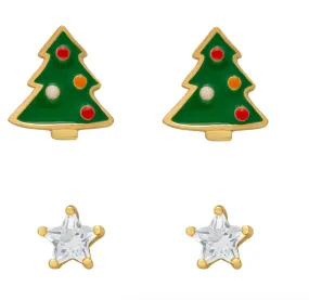 Christmas Tree & White Sapphire Star Stud Set