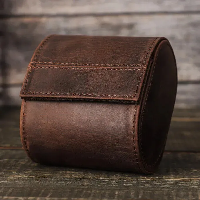 Coffee Genuine Leather Single Watch Roll Case for Men