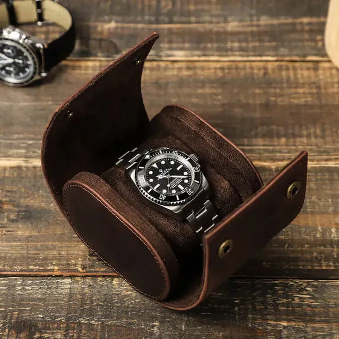 Coffee Genuine Leather Single Watch Roll Case for Men