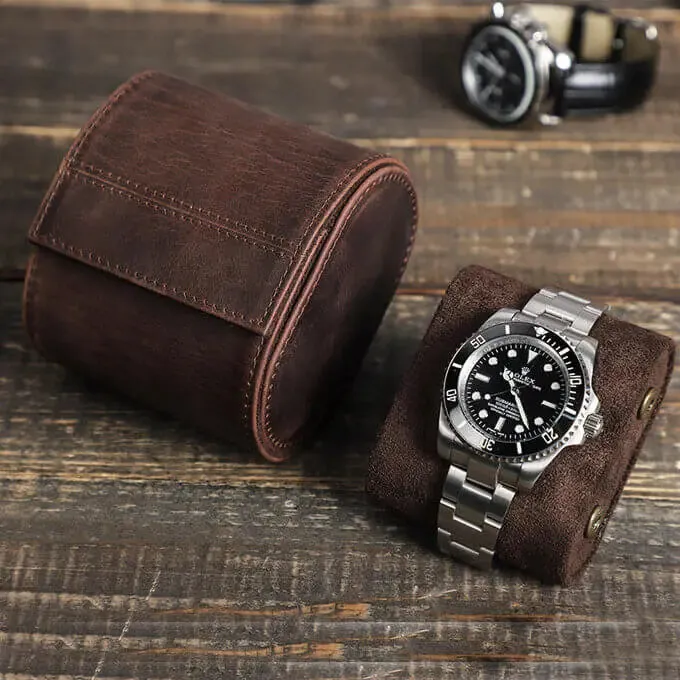 Coffee Genuine Leather Single Watch Roll Case for Men