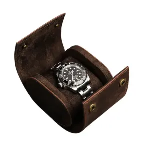 Coffee Genuine Leather Single Watch Roll Case for Men