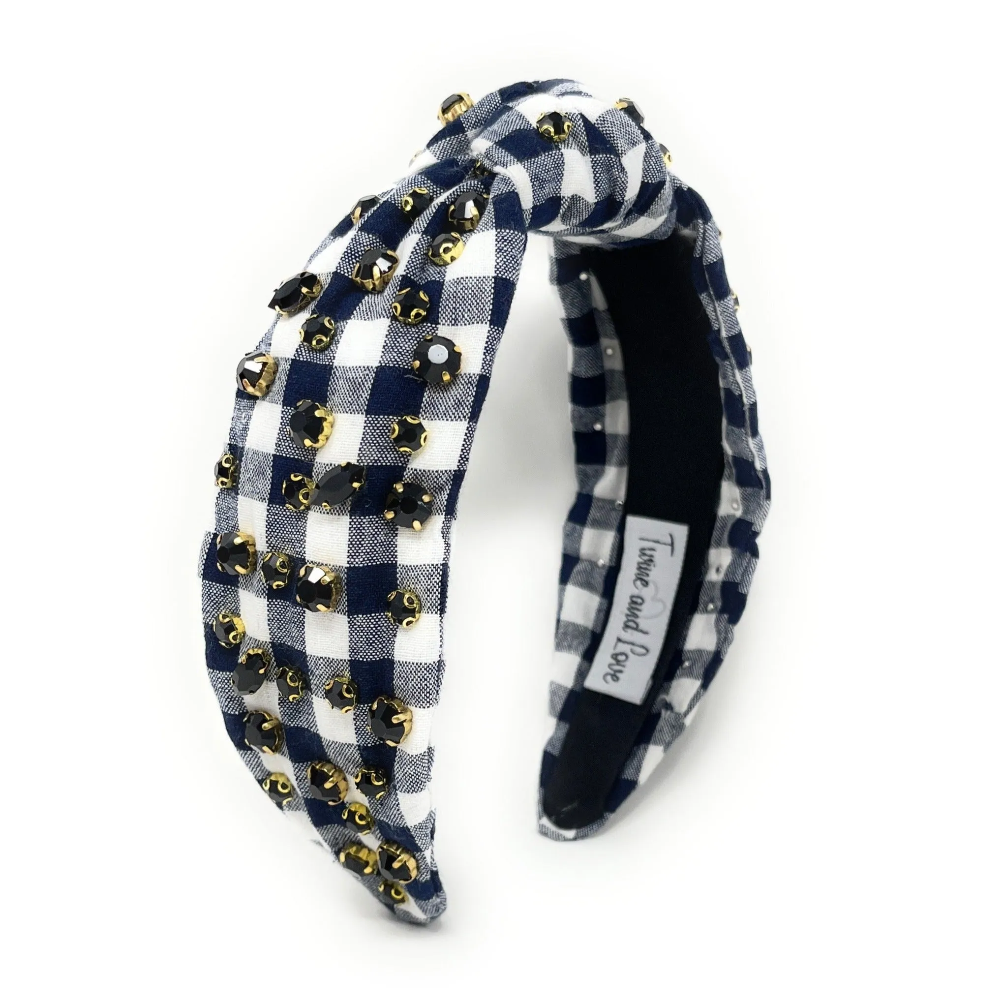 Dark Blue Gingham Jeweled Knot Headband