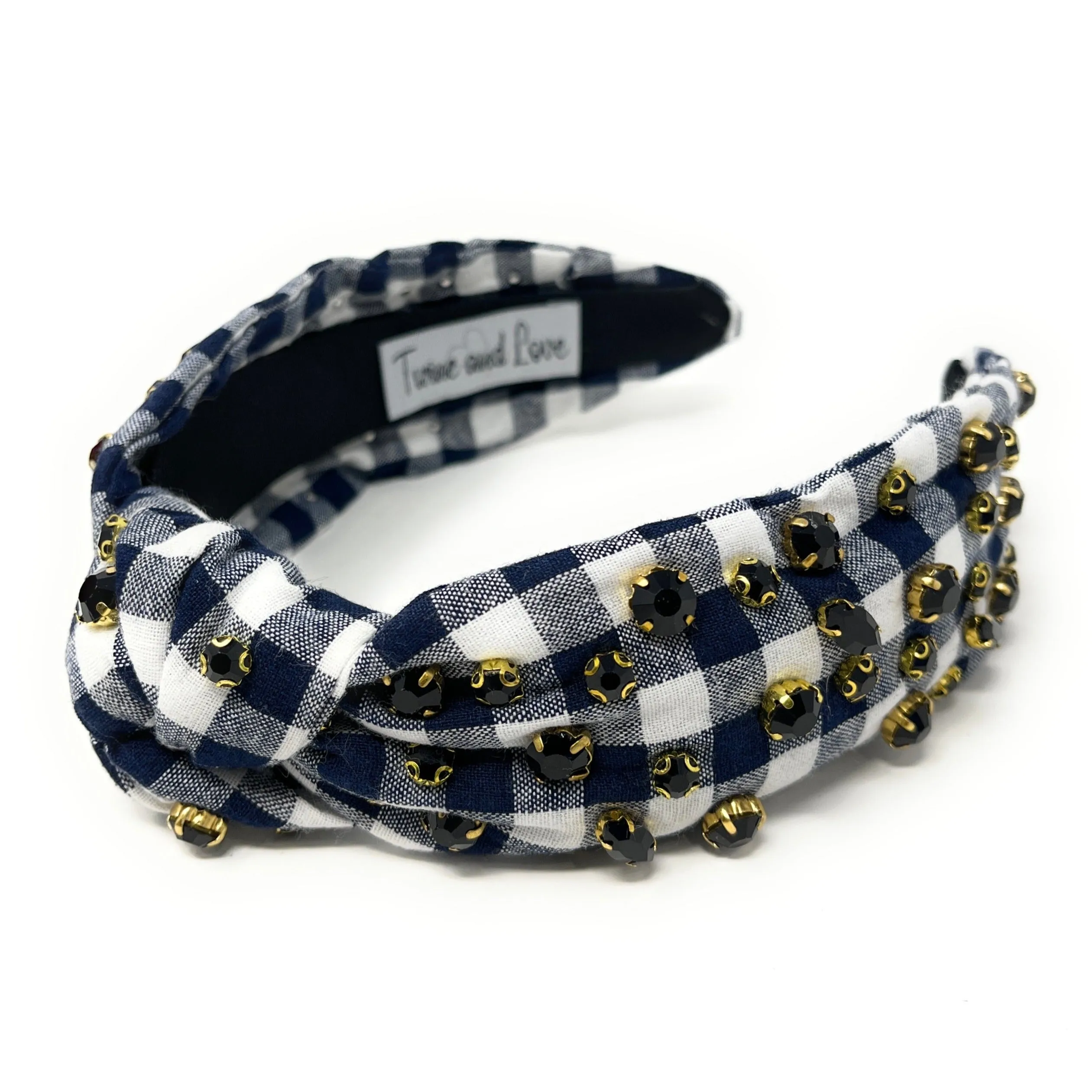 Dark Blue Gingham Jeweled Knot Headband