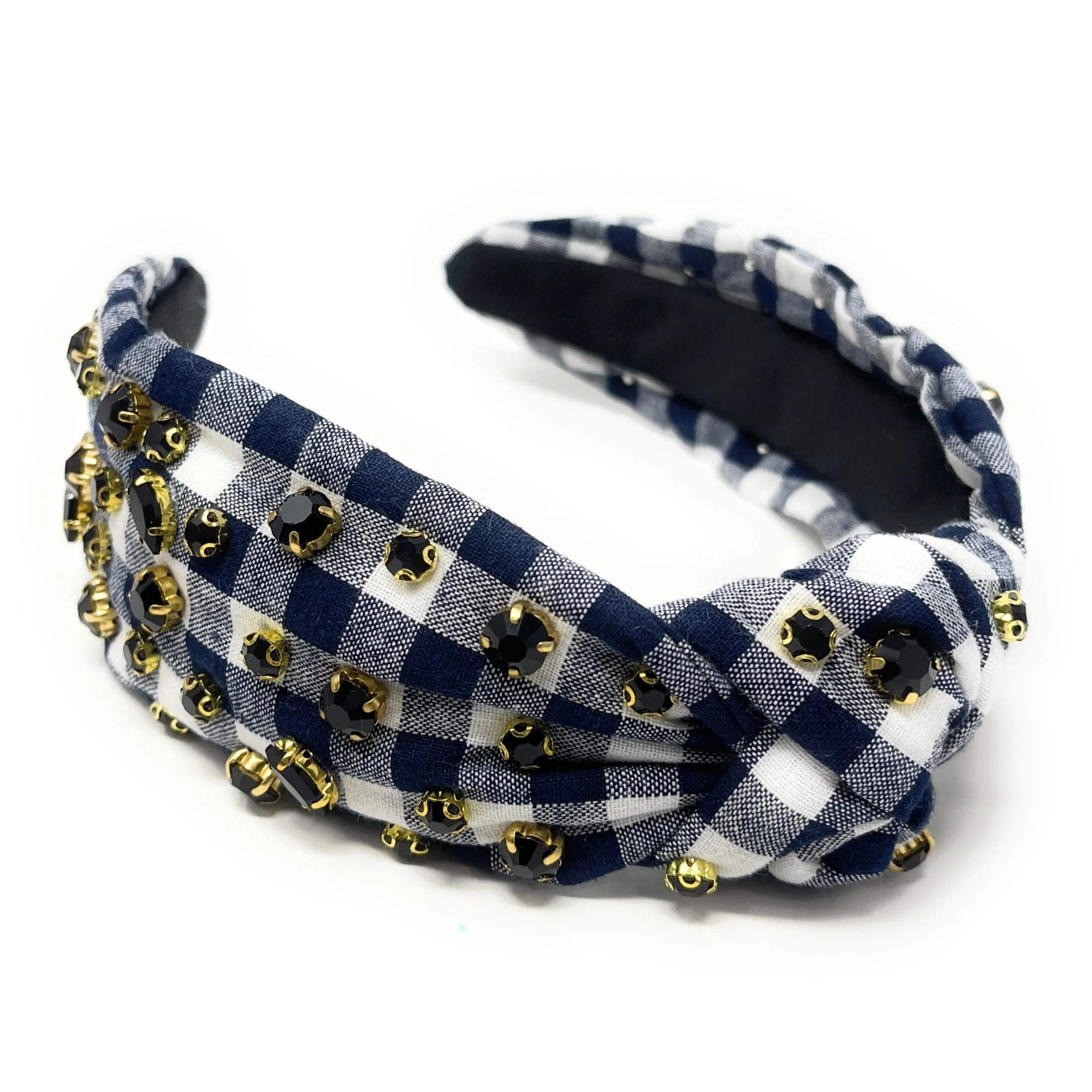 Dark Blue Gingham Jeweled Knot Headband