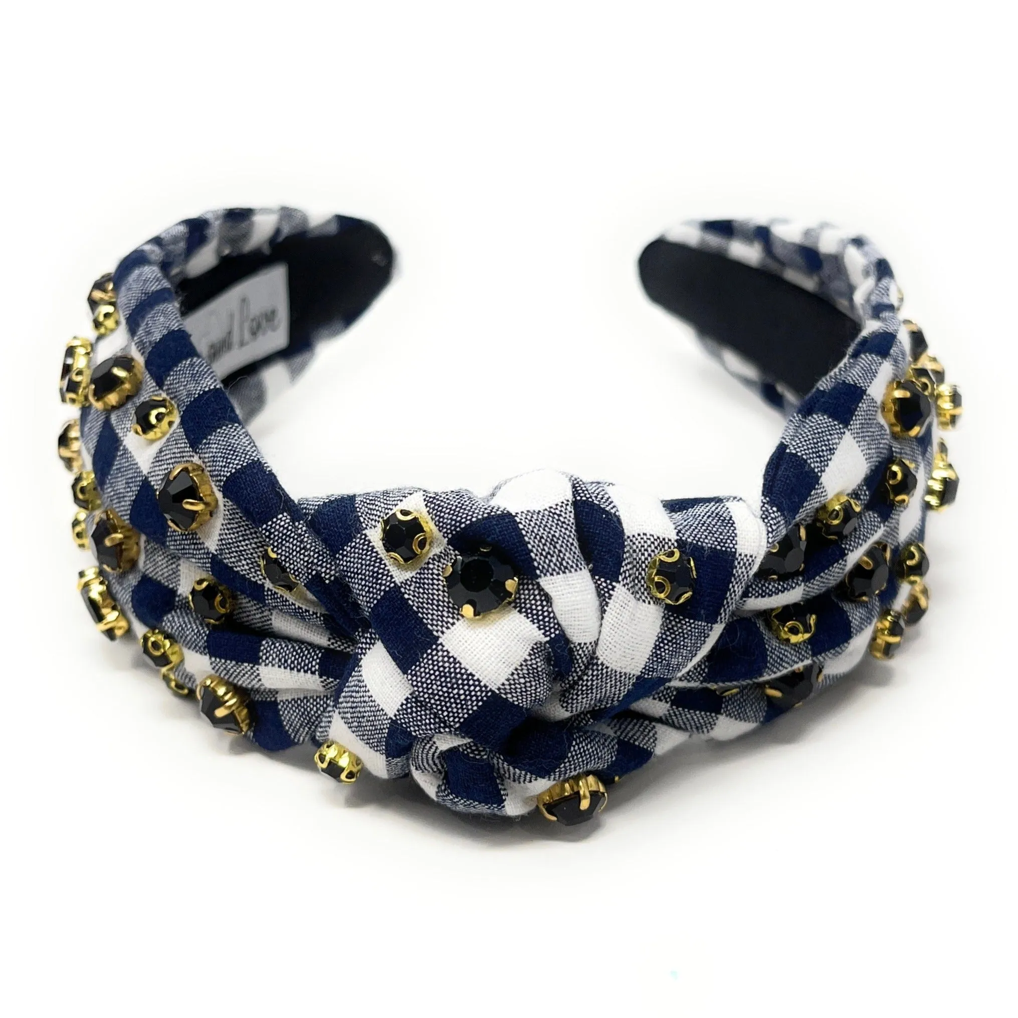 Dark Blue Gingham Jeweled Knot Headband