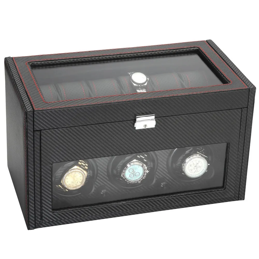 Diplomat Black Carbon Fiber Pattern 3 Watch Winder & 12 Watch Additional Storage