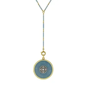 Edwardian 14kt Blue Guilloché Enamel Locket & Chain