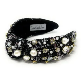 Eira Black Tweed Jeweled Knot Headband