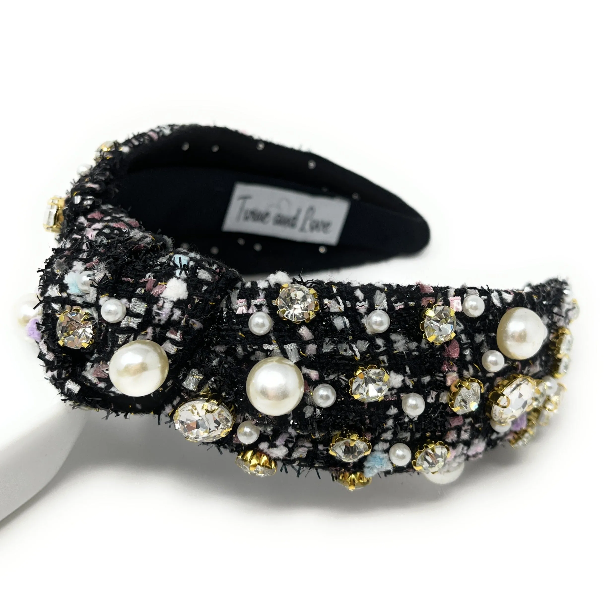 Eira Black Tweed Jeweled Knot Headband