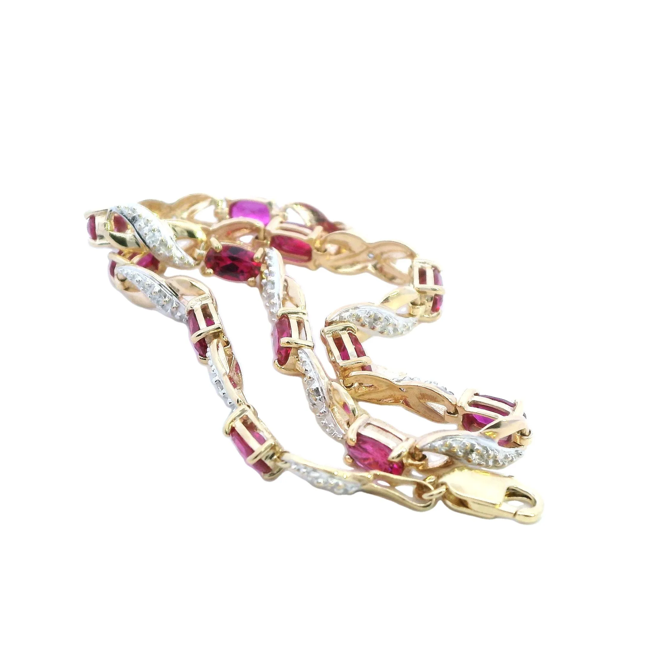 Elegant Created Ruby & Diamond Bracelet in Yellow Gold - 21cm