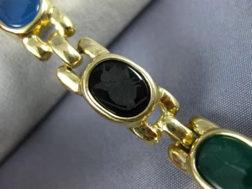 ESTATE AAA MULTI COLOR AGATE & ONYX 14KT YELLOW GOLD 3D ETCHED PANTHER BRACELET