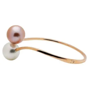 ESTATE WHITE & PINK SOUTH SEA PEARL 18KT ROSE GOLD 2 STONE LOVE BANGLE BRACELET