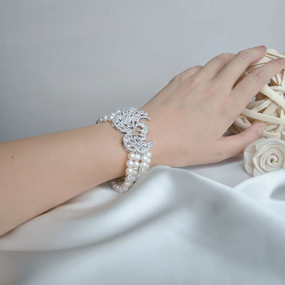 Exquisite Swans Four Rows Freshwater Pearls CZ Micro Pave Wedding Bracelet, Bride, Bridesmaids