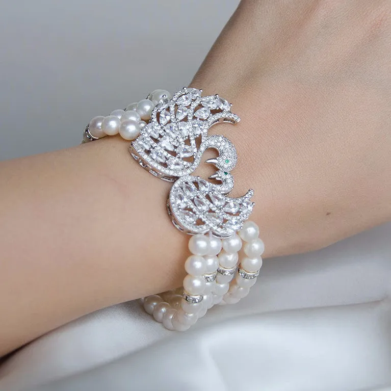 Exquisite Swans Four Rows Freshwater Pearls CZ Micro Pave Wedding Bracelet, Bride, Bridesmaids