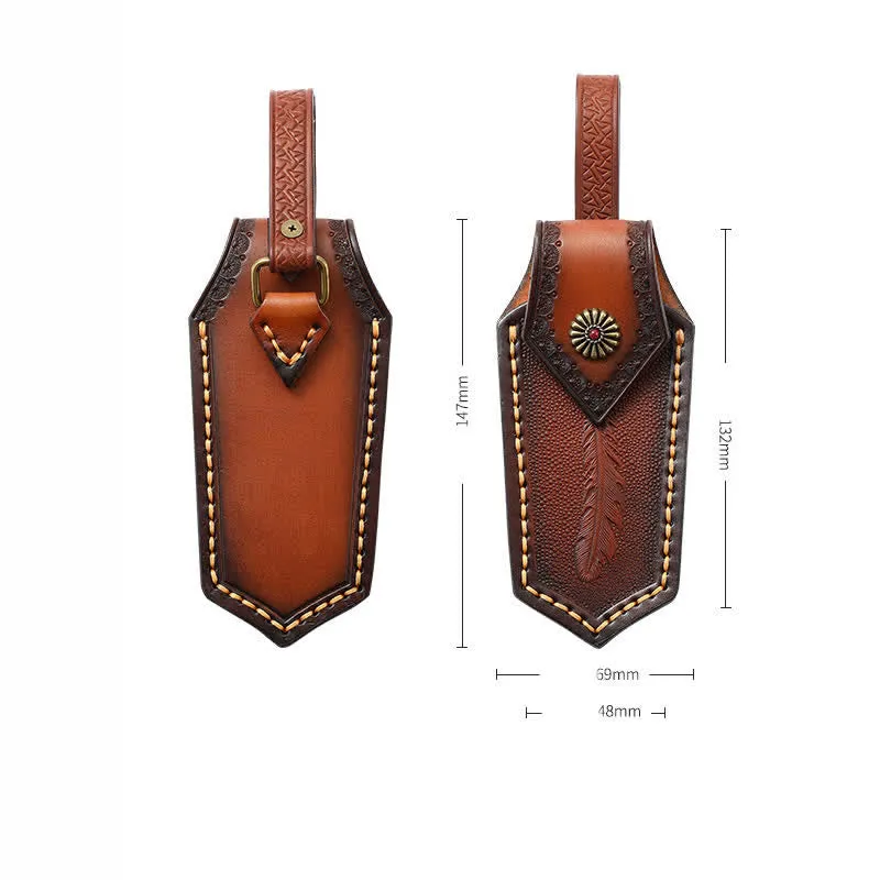 Flip Cover Feather Embossing Folding Knife Sheath Leather Belt Bag