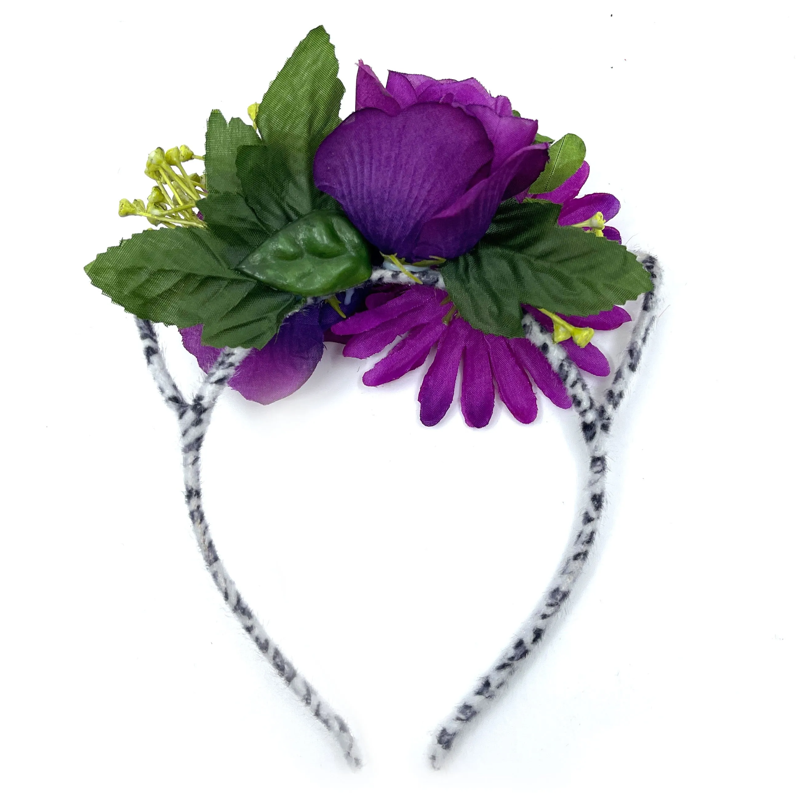 Floral Cat Ears Headband - Purple & Leopard