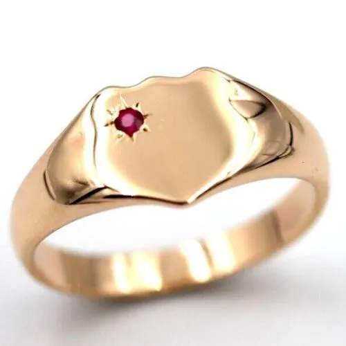 Genuine 375 Solid 9ct 9k Yellow, Rose or White Gold Shield Signet Ring set with Ruby