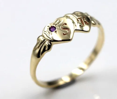 Genuine 9ct Yellow Gold Double Heart Yellow Purple Amethyst February Birthstone Signet Ring In your size   Engraving