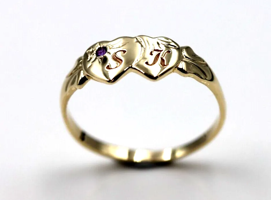 Genuine 9ct Yellow Gold Double Heart Yellow Purple Amethyst February Birthstone Signet Ring In your size   Engraving