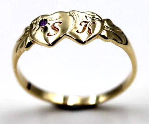 Genuine 9ct Yellow Gold Double Heart Yellow Purple Amethyst February Birthstone Signet Ring In your size   Engraving