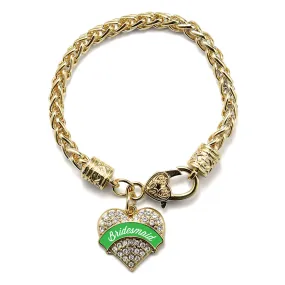 Gold Emerald Green Bridesmaid Pave Heart Charm Braided Bracelet