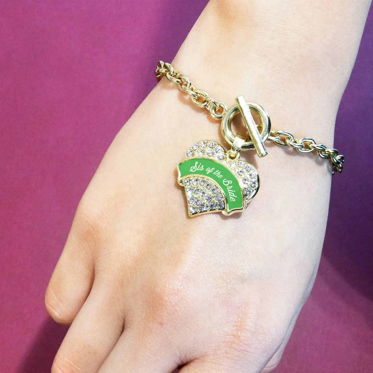 Gold Emerald Green Sis of the Bride Pave Heart Charm Toggle Bracelet