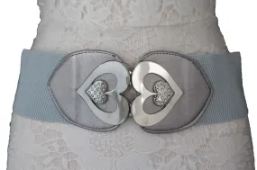 Gold Gray Elastic Belt Silver Heart Multi Rhinestones Women S M