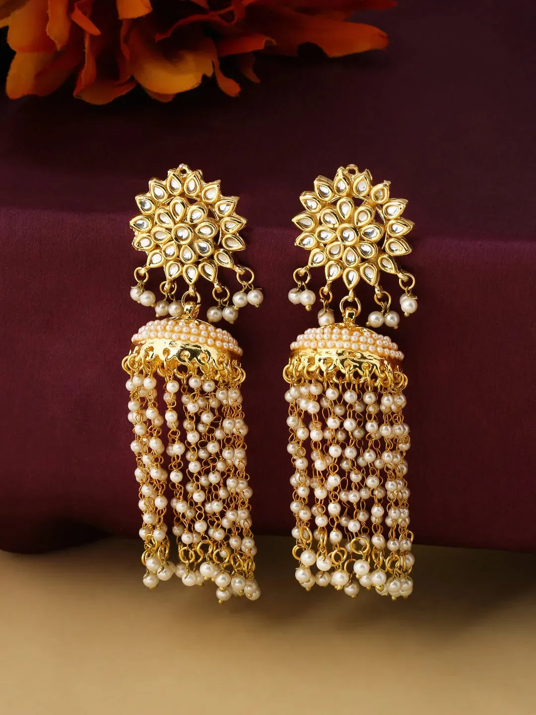 Gold Toned Contemporary Women's Jhumkas Earrings