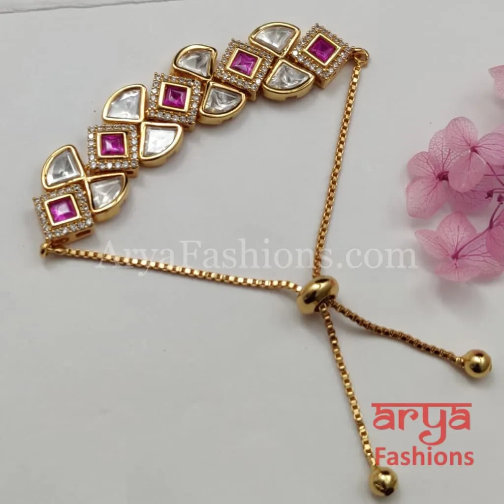 Golden Kundan CZ Chain Bracelet/ Adjustable Rakhi Bracelet for Girls