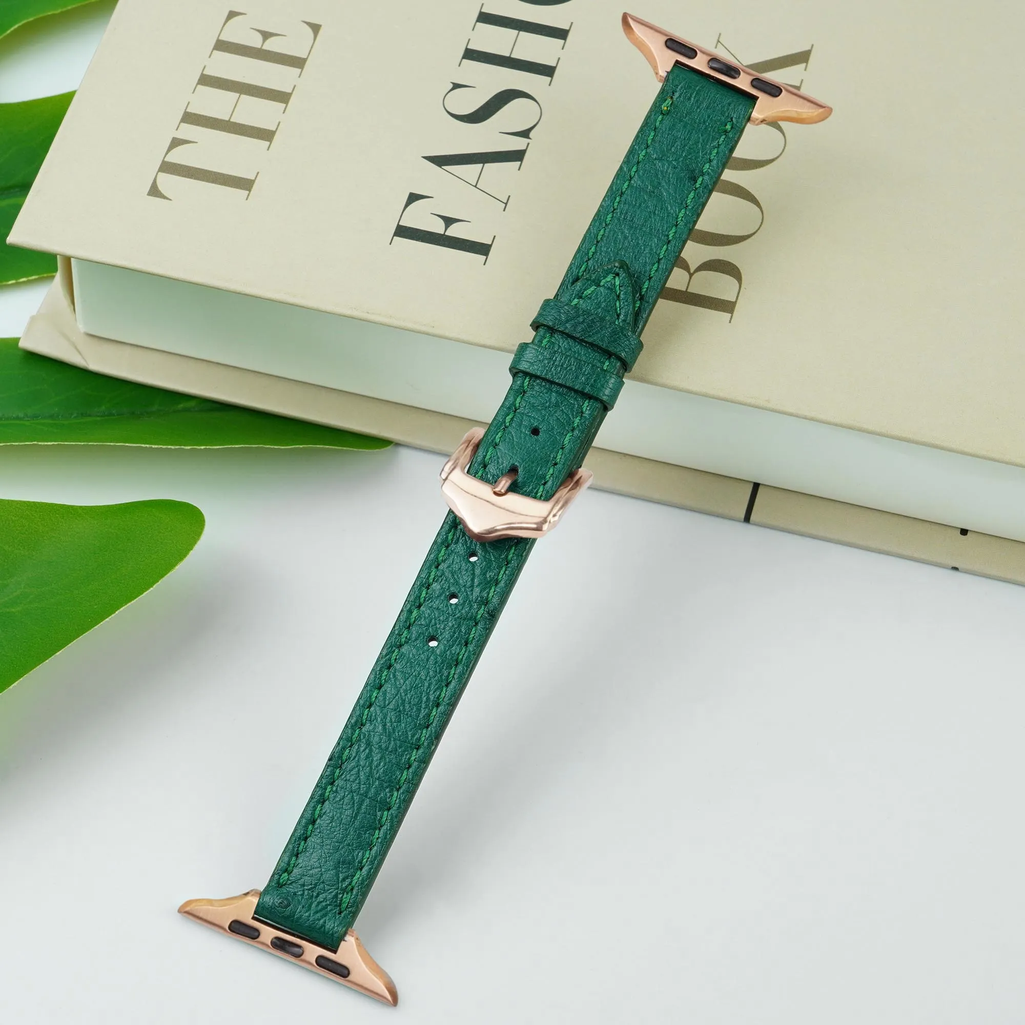 Green Flat Ostrich Leather Band Compatible Apple Watch Iwatch 42mm Screen Protector Case Gold Adapter Replacement Strap For Smartwatch Series 1 2 3 Leather Handmade AW-188G-W-42MM