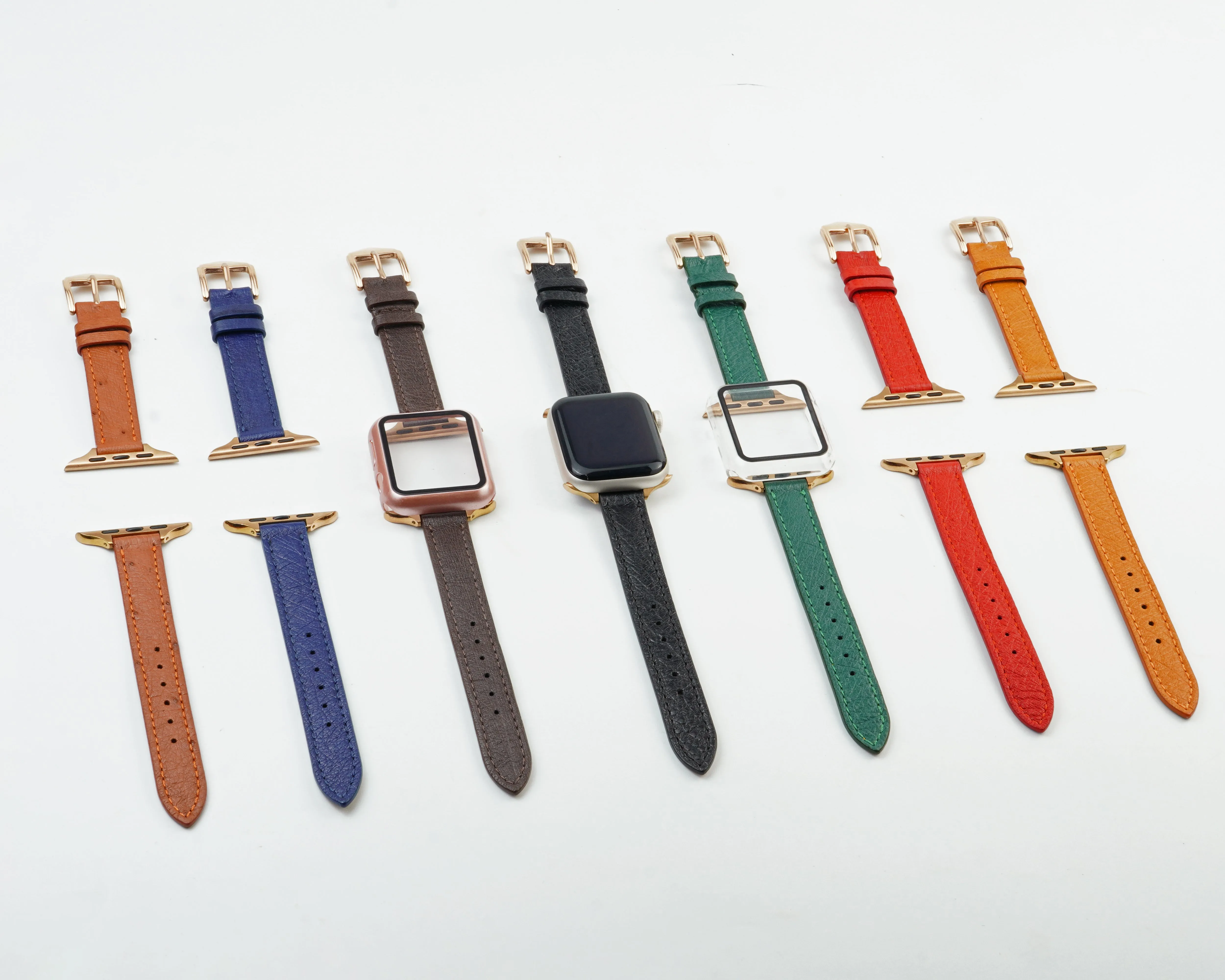 Green Flat Ostrich Leather Band Compatible Apple Watch Iwatch 42mm Screen Protector Case Gold Adapter Replacement Strap For Smartwatch Series 1 2 3 Leather Handmade AW-188G-W-42MM