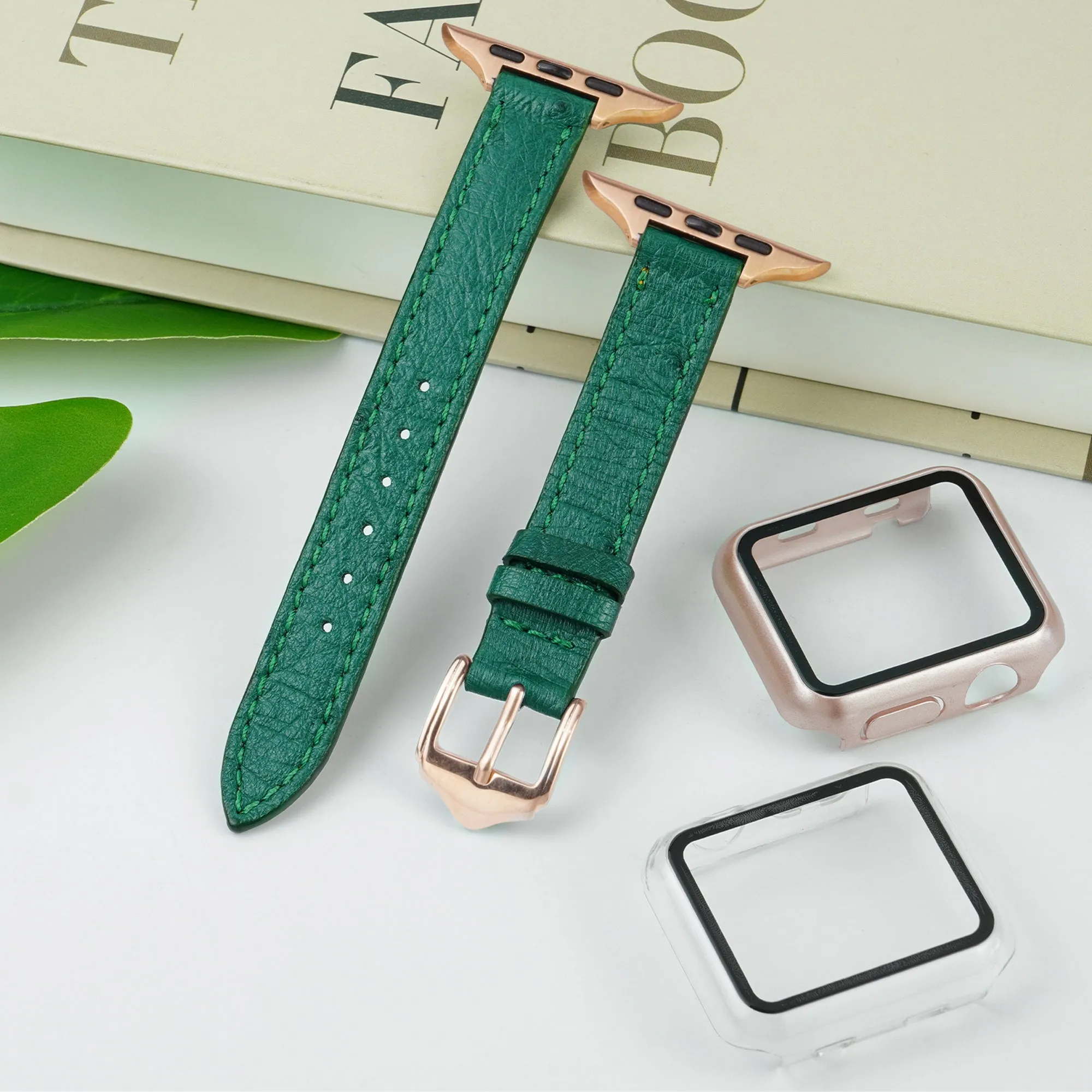 Green Flat Ostrich Leather Band Compatible Apple Watch Iwatch 42mm Screen Protector Case Gold Adapter Replacement Strap For Smartwatch Series 1 2 3 Leather Handmade AW-188G-W-42MM