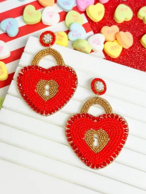 Heart Locket Beaded Dangle Earrings - Red