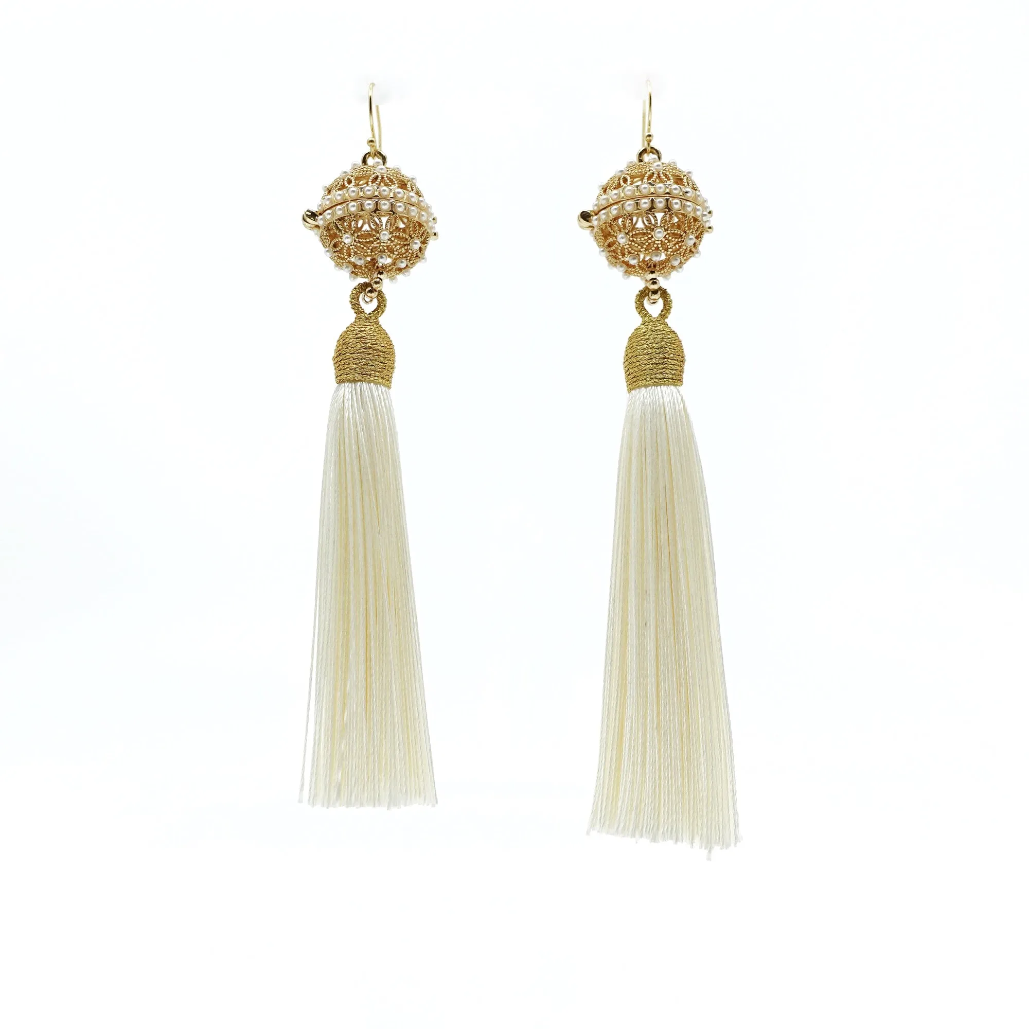 Herbal Locket Silk Tassel Earrings - Creamy White