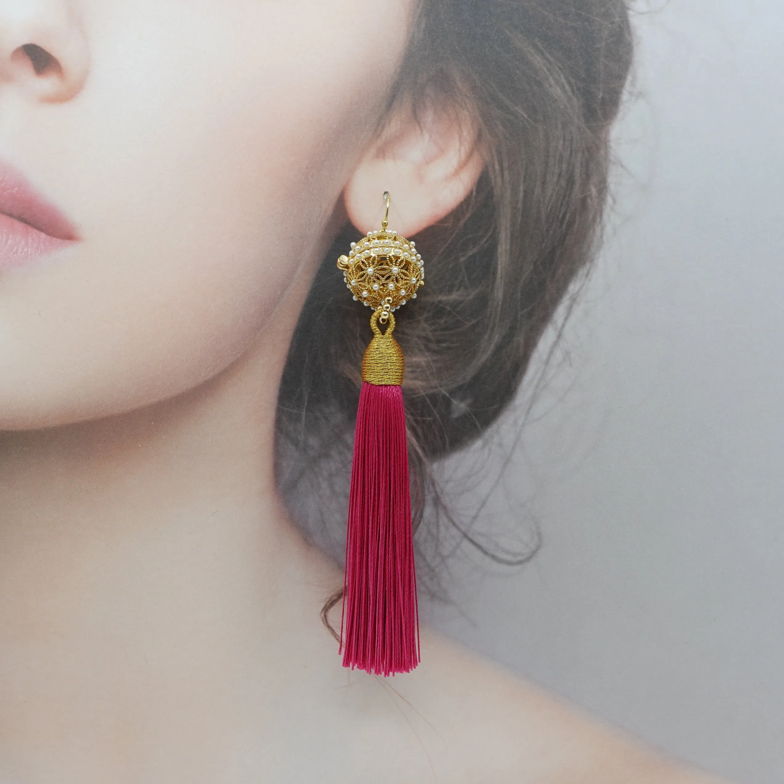 Herbal Locket Silk Tassel Earrings - Deep Pink