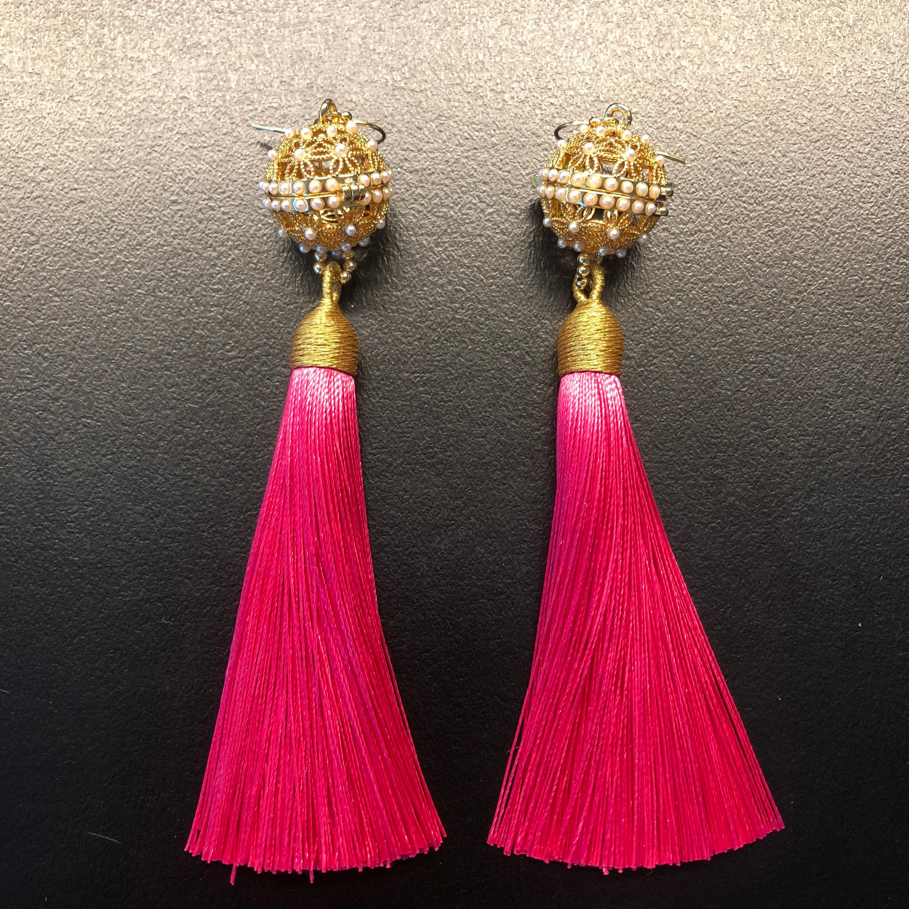 Herbal Locket Silk Tassel Earrings - Deep Pink