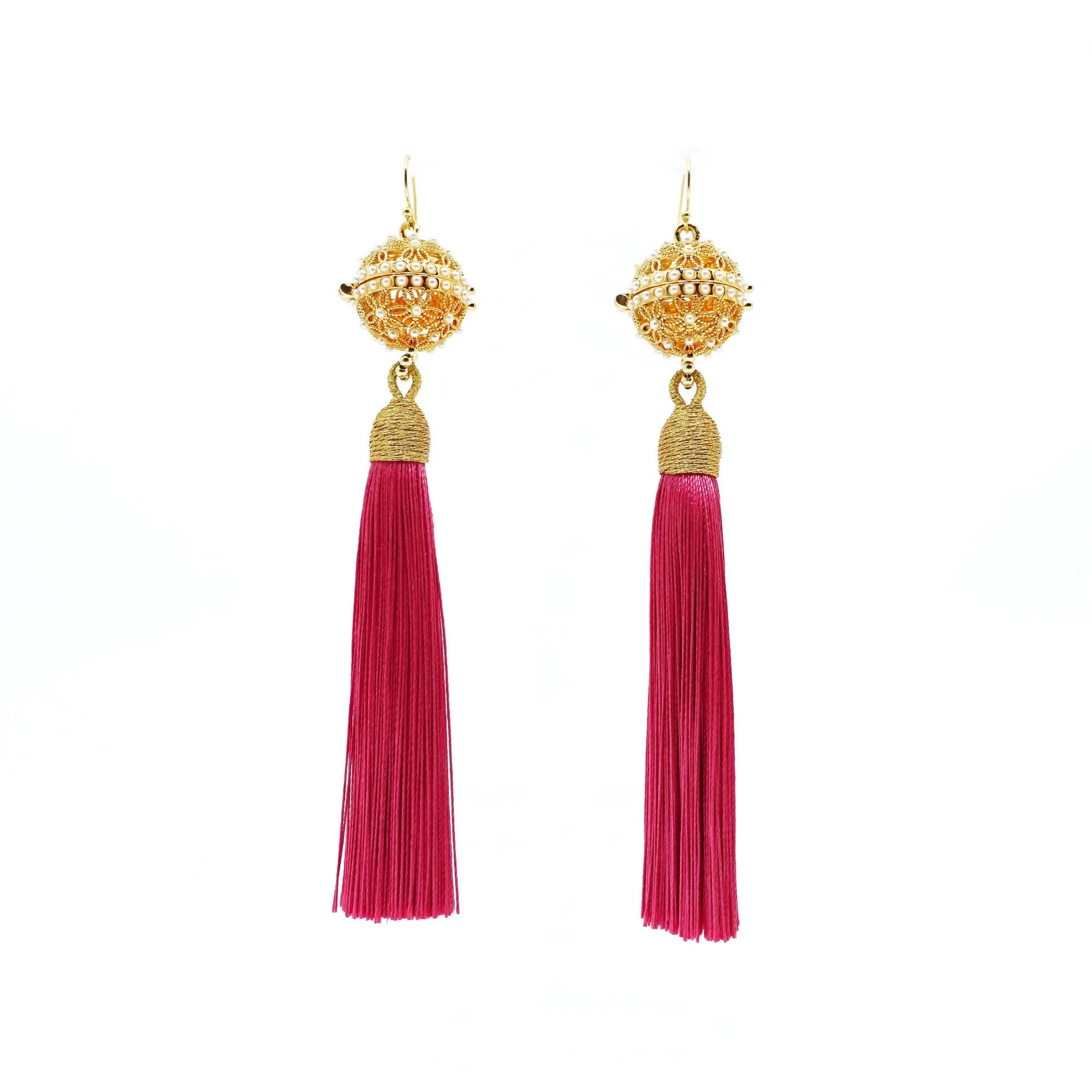 Herbal Locket Silk Tassel Earrings - Deep Pink