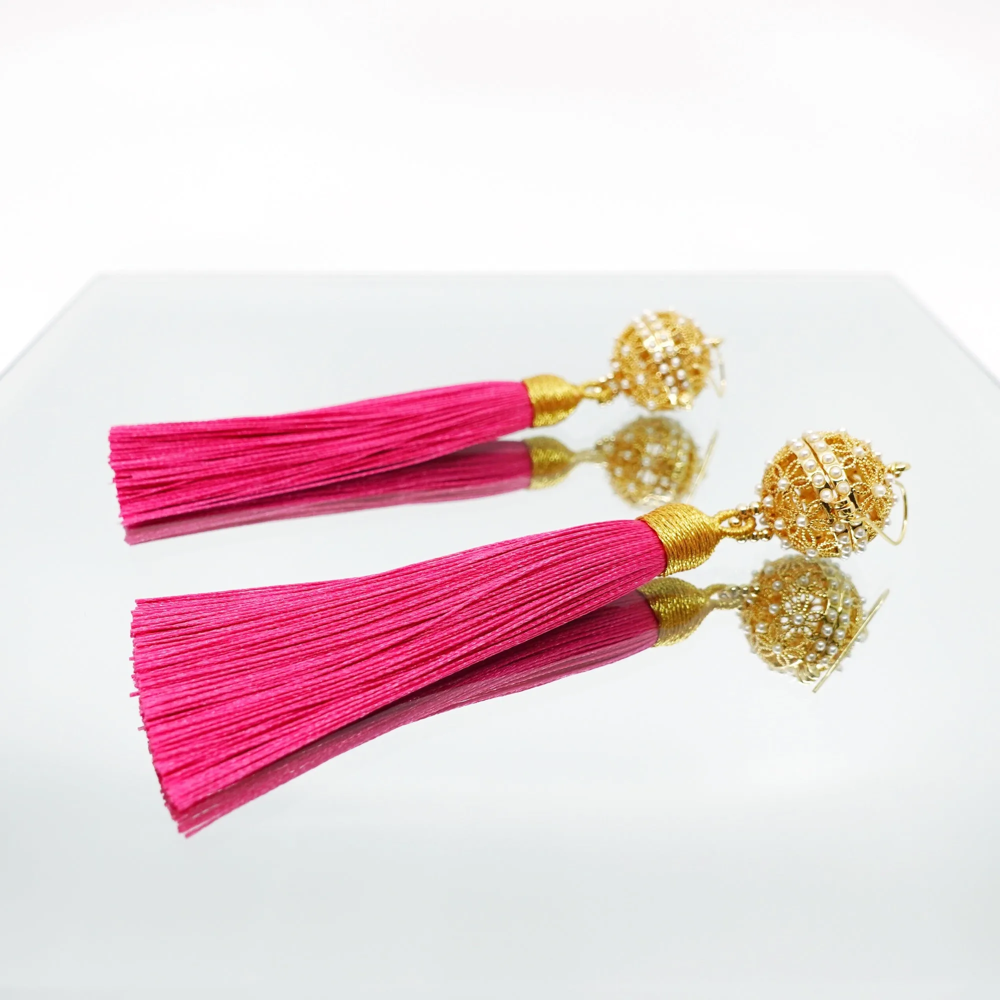 Herbal Locket Silk Tassel Earrings - Deep Pink