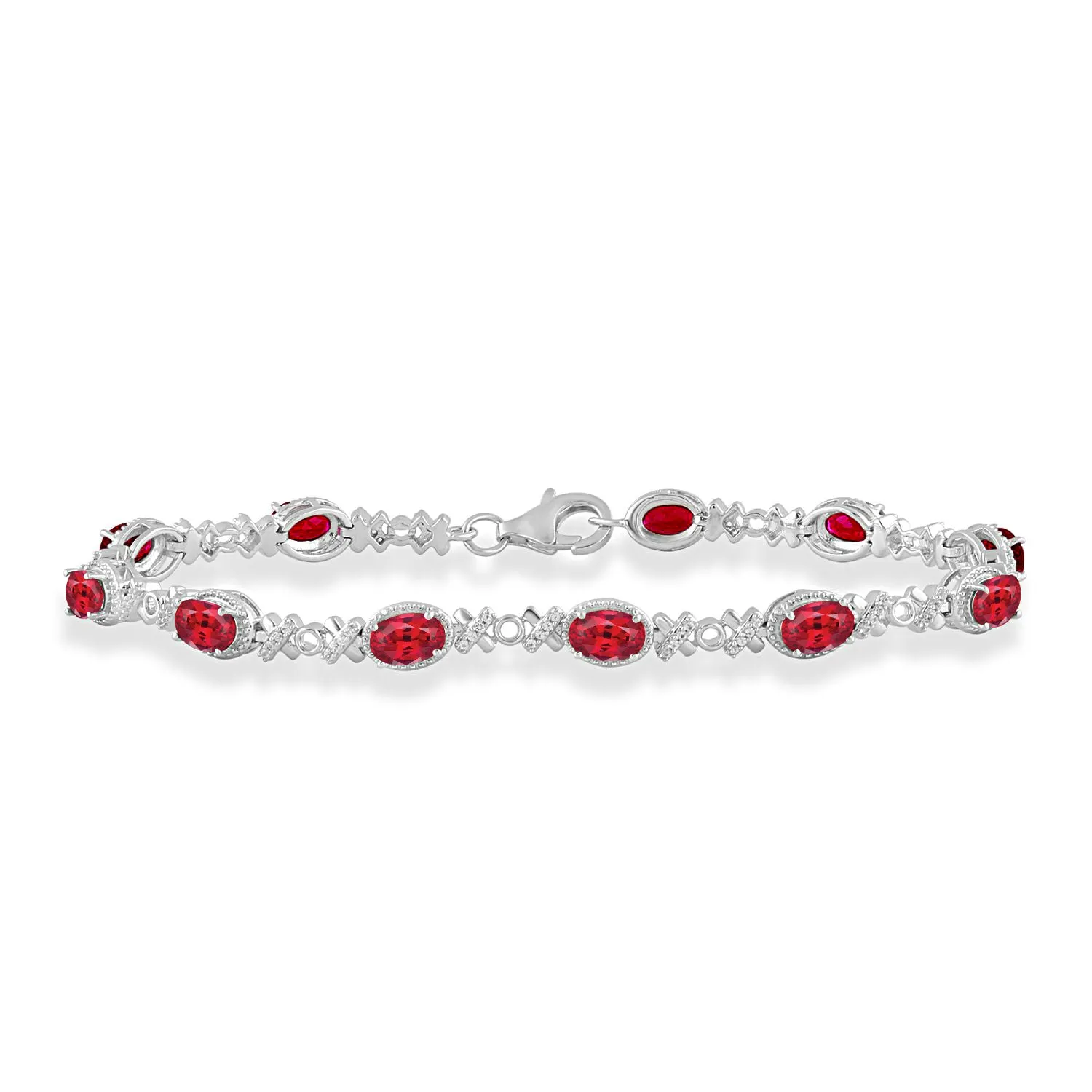 Jewelili Sterling Silver With Oval Created Ruby and Round Created White Sapphire Bracelet