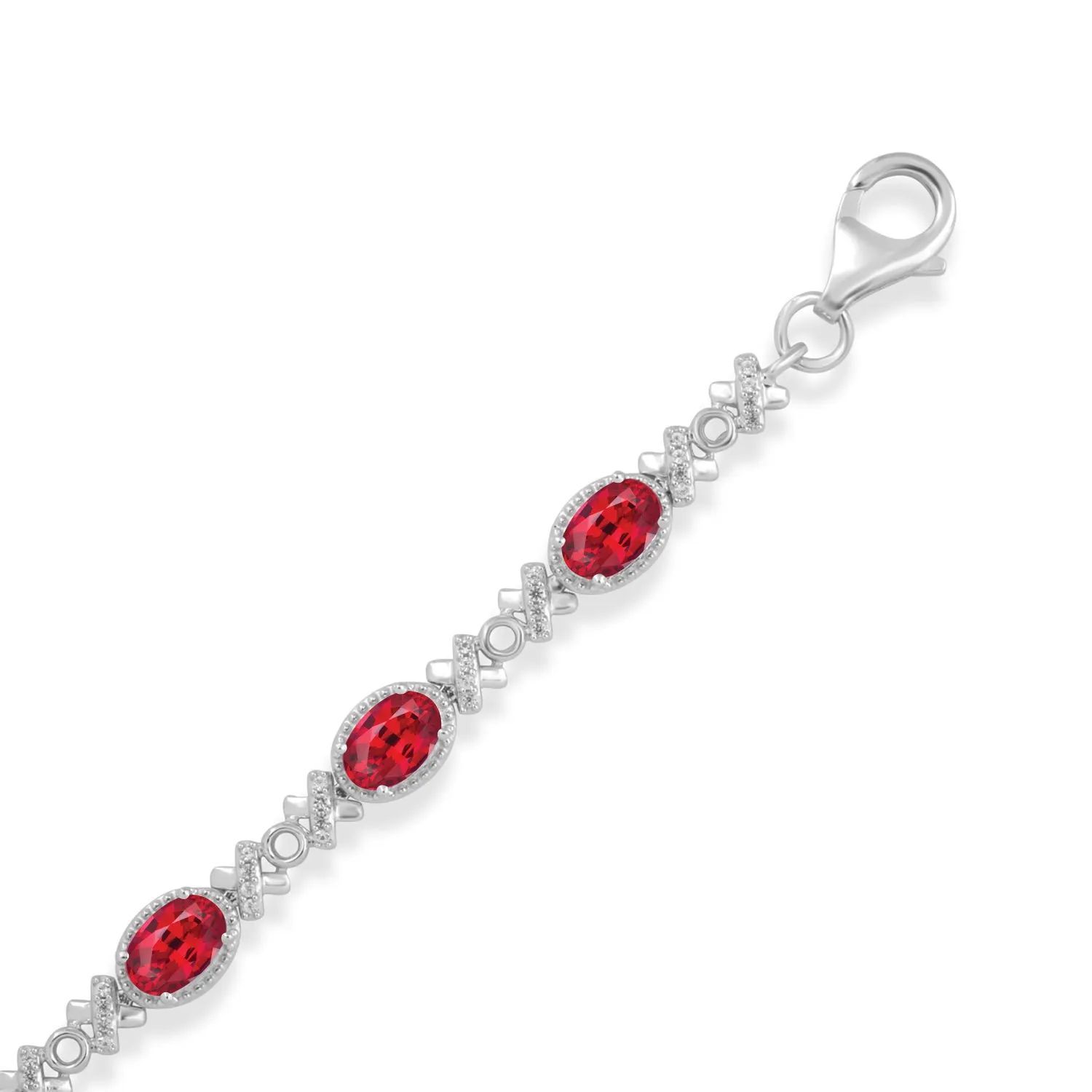 Jewelili Sterling Silver With Oval Created Ruby and Round Created White Sapphire Bracelet