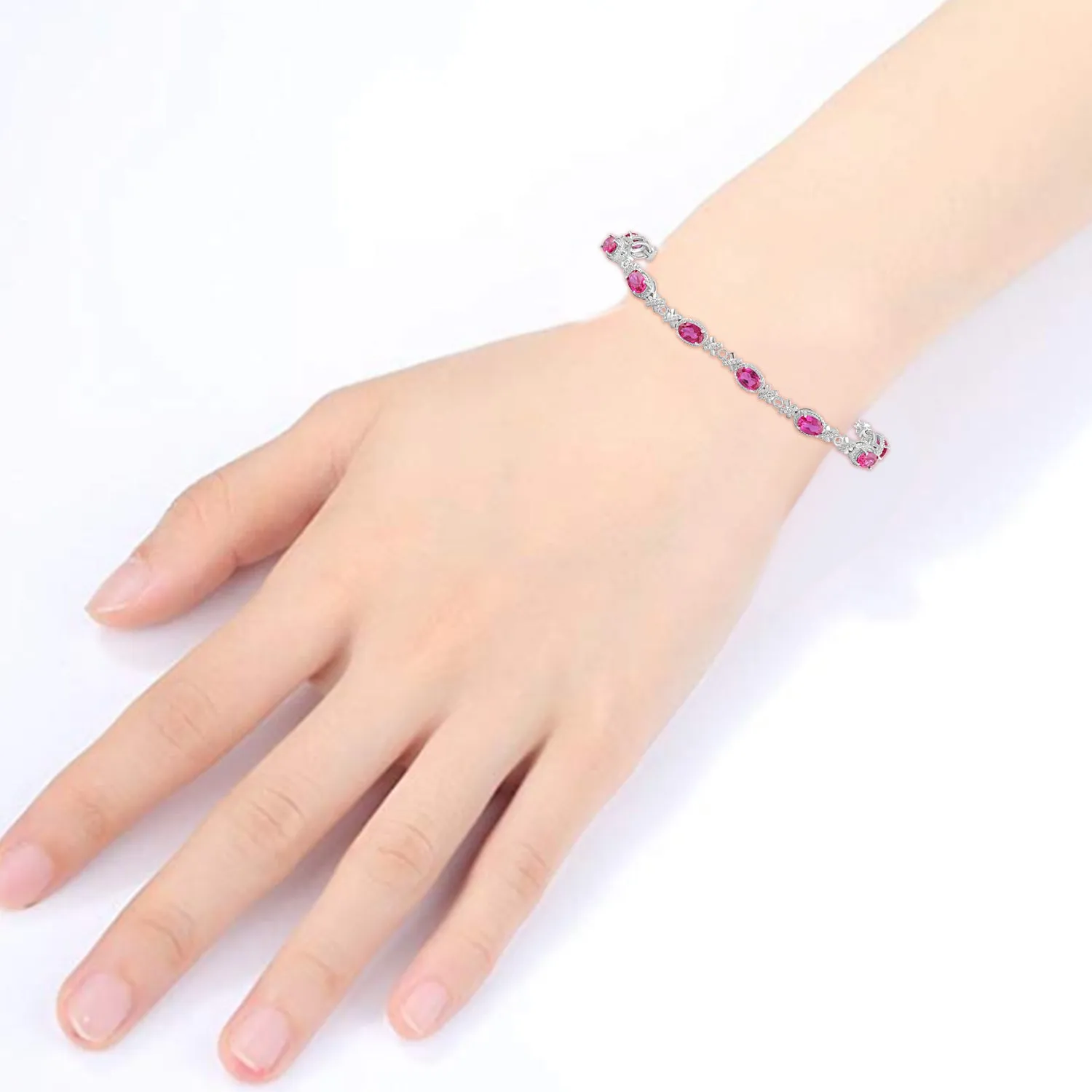 Jewelili Sterling Silver With Oval Created Ruby and Round Created White Sapphire Bracelet