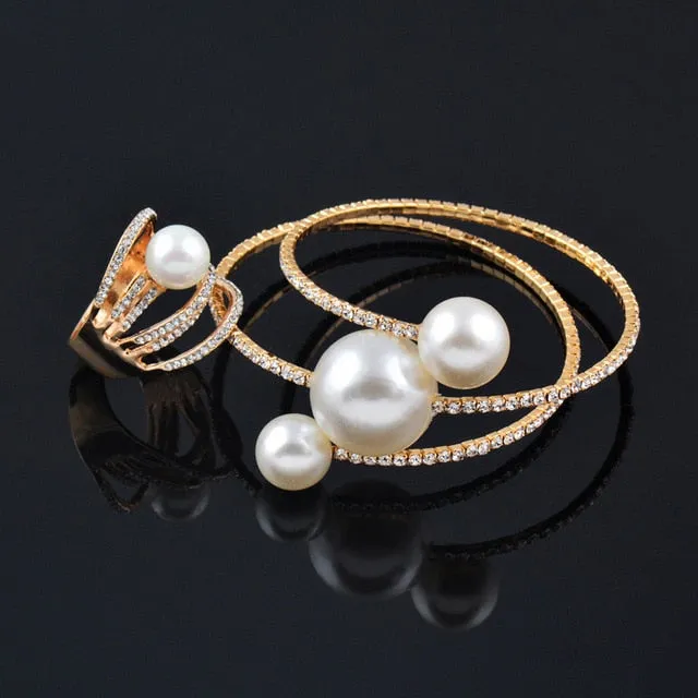 Jewelry Set of Ring and Bracelet - Big Pearl Multi-layer Bracelet Bangle Rings Set For Women Gold Color