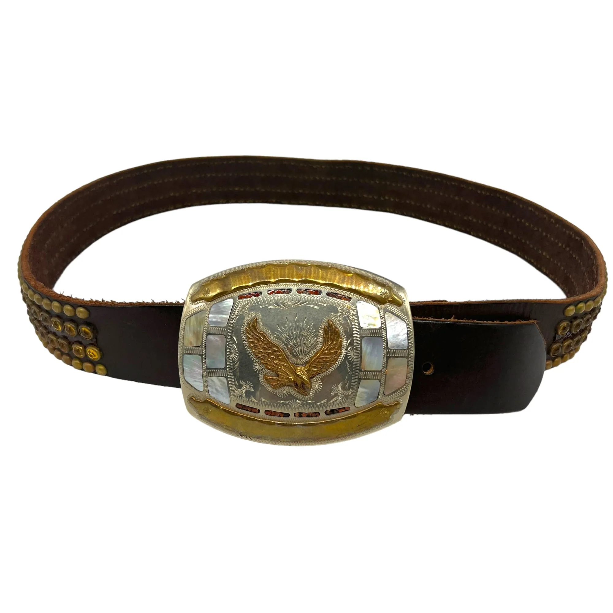 JOHNSON & HELD Vintage Studded Leather Belt with Flying Eagle Abalone Inlay Buckle - Brown