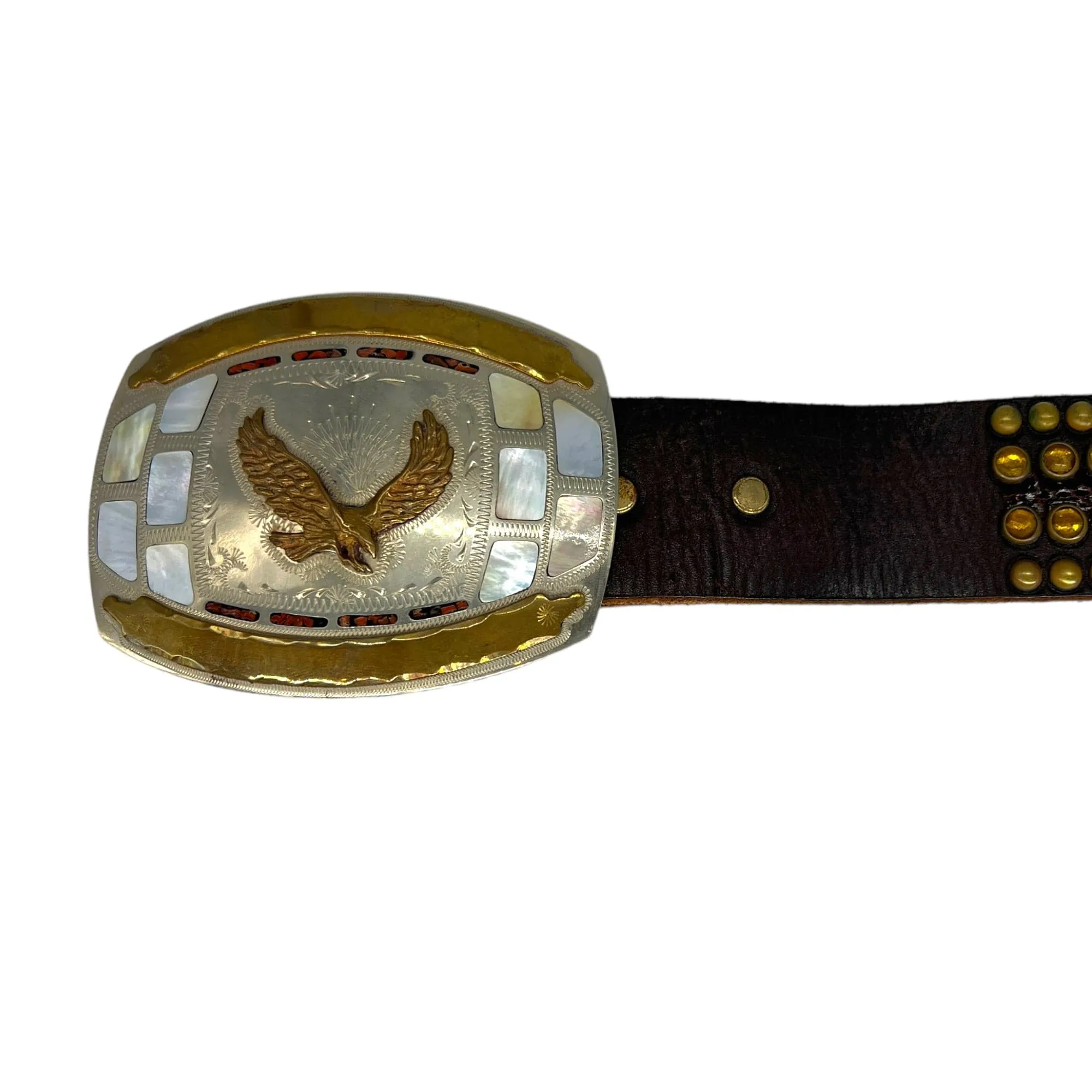 JOHNSON & HELD Vintage Studded Leather Belt with Flying Eagle Abalone Inlay Buckle - Brown