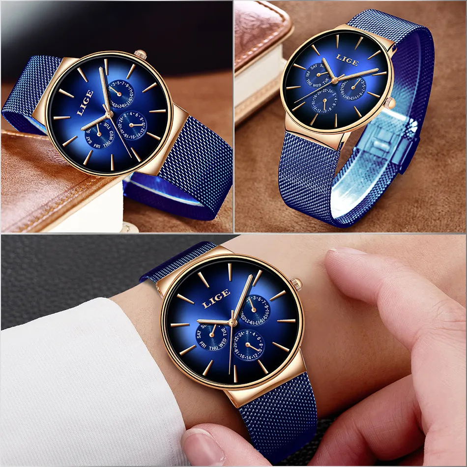 LIGE  Fashion Mens Watches Top Brand Luxury Quartz Watch Men Mesh Steel  Waterproof Ultra-thin Wristwatch For Men Sport Clock