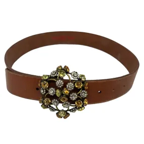 LUCKY BRAND Leather Belt with Bejeweled Flower Buckle - Rust