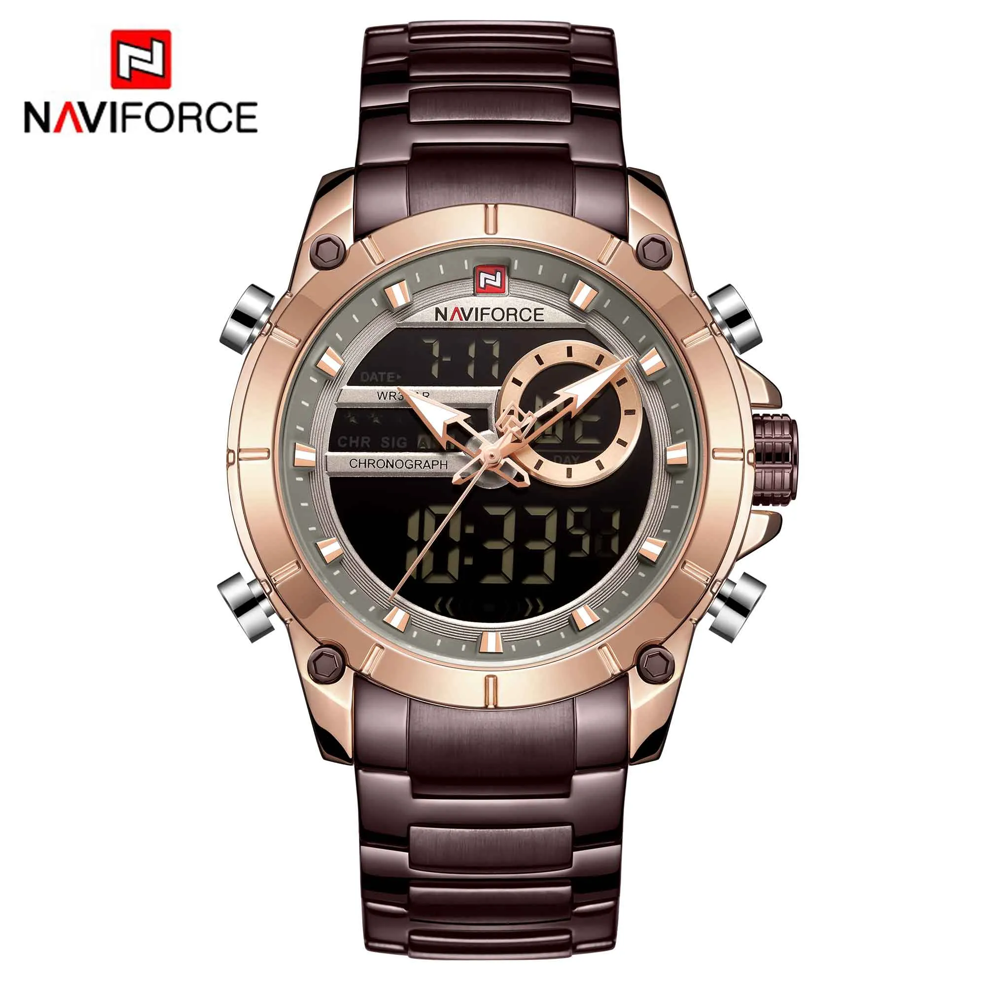 Men Military Sport Wrist Watch Gold Quartz Steel Waterproof Dual Display Male Clock Watches Relogio Masculino