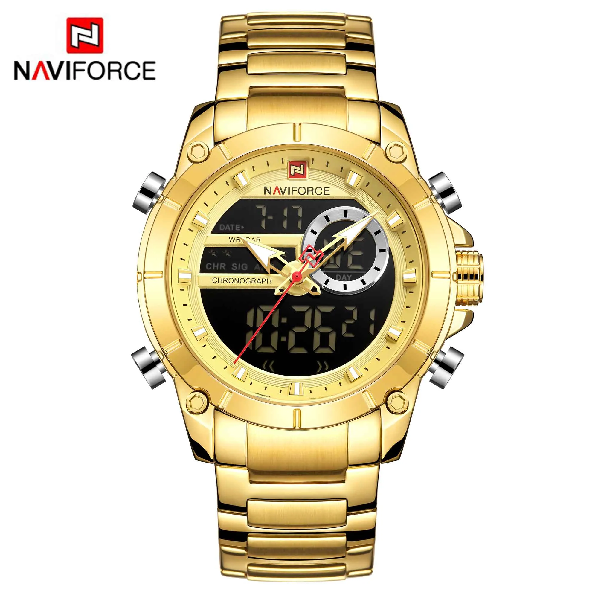 Men Military Sport Wrist Watch Gold Quartz Steel Waterproof Dual Display Male Clock Watches Relogio Masculino