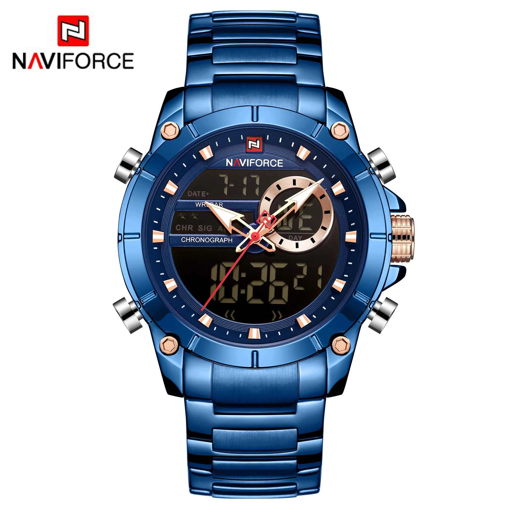 Men Military Sport Wrist Watch Gold Quartz Steel Waterproof Dual Display Male Clock Watches Relogio Masculino