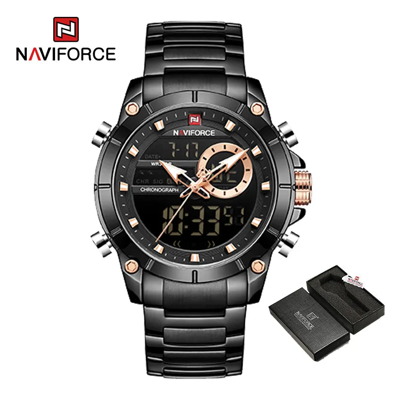 Men Military Sport Wrist Watch Gold Quartz Steel Waterproof Dual Display Male Clock Watches Relogio Masculino